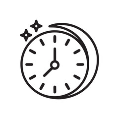 Illustration of an analog clock with stars and moon on a white background in black outline style