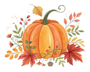 Watercolor Halloween Pumpkin with Autumn Leaves and Flowers
