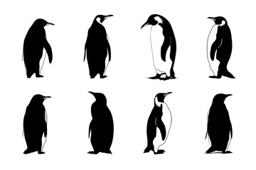 Naklejka premium Silhouettes of Penguins Displaying Various Poses Against a White Background