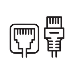Outline drawing of rj connector and port with simple black lines on a white background design icon