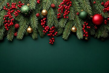 Festive christmas garland with red berries and ornaments on dark green background