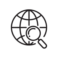 A simple black and white line drawing of a globe with a magnifying glass on a white background space