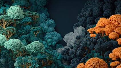 Fototapeta premium Teal, orange, and dark-blue stylized trees and clouds form a vibrant, contrasting landscape; a digital artwork with a painterly feel