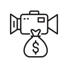 Line drawing of a video camera sitting on top of a money bag with a dollar sign on the front