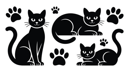 Black Cat Illustration Set – Various Cat Poses with Scattered Paw Prints – Perfect for Halloween Graphics, Pet-Themed Designs, Posters, Stickers, and Animal Art Projects