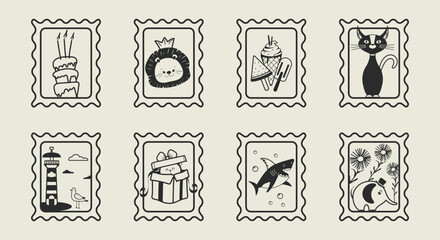 A collection of postage stamps hand-drawn in black ink. Vector design.