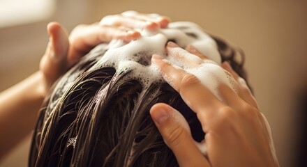 Naklejka premium Closeup of hands massaging shampoo into wet hair, creating a lather of foam
