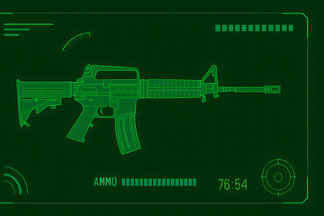 Futuristic rifle digital hud display, green screen weapon interface, military gun hologram design, modern firearm target system template, combat technology visualization, sci fi shooting tactical back