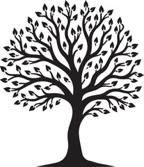 Fototapeta premium Elegant Tree Silhouette with Leaves – Nature Vector ArtLeafy Tree Silhouette – Black Tree Design ElementStylized Tree with Leaves – Decorative Nature Illustration