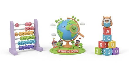 Obraz premium A collection of educational toys including an abacus, a globe with a magnifying glass, and alphabet and number blocks topped with an owl.