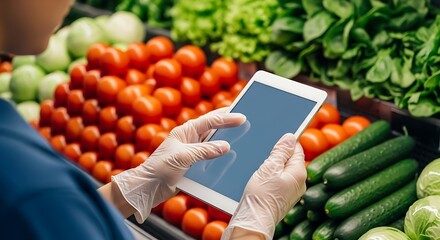Person in gloves uses tablet to scan fresh produce at grocery store, ensuring quality and safety for shoppers.