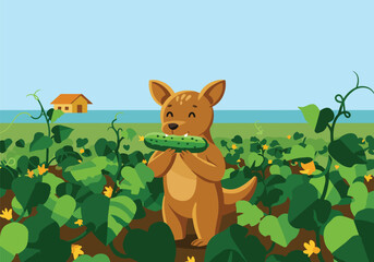 A cute cartoon kangaroo happily eating a large cucumber in a lush green field with a small house in the background.