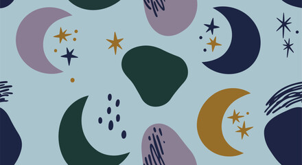 Seamless abstract pattern with moons, stars, and organic shapes in muted colors on a light blue background, evoking a dreamy celestial theme.