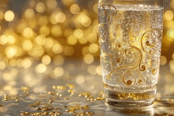 Sparkling drink in ornate glass, festive background