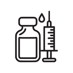 Outline illustration of a vial with a drop and a syringe on a white background in a simple style