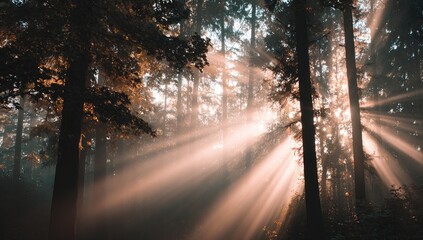 Obraz premium Sunbeams pierce a misty forest, illuminating slender tree trunks and dappled foliage in a serene, early morning scene
