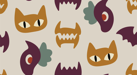 Seamless pattern with cute cartoon Halloween elements including cat faces, fangs, and bat wings in a playful, spooky design.
