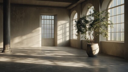 Fototapeta premium Empty sunlit room with large windows