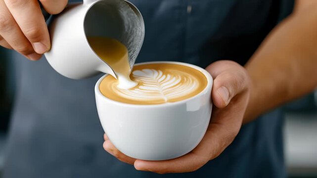 Latte art barista coffee cup milk foam cafe creamy hot drink pattern pour skill craft morning beverage espresso ceramic saucer smooth texture warm