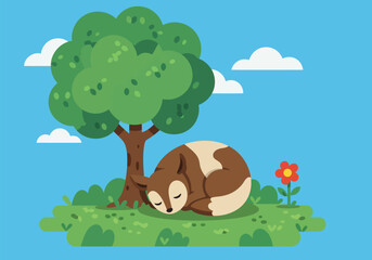 A cute fox sleeps peacefully under a large green tree on a sunny day with a small flower nearby.