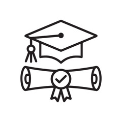 Illustration of a graduation cap with tassel and a diploma with a checkmark ribbon design icon