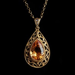 Elegant Gold Necklace Featuring a Stunning Teardrop Citrine Stone and Intricate Filigree Design, Perfect for Any Special Occasion or Gift