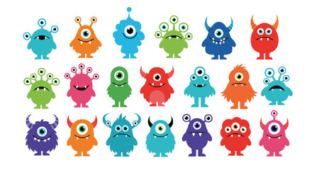 Fototapeta premium Collection of colorful cute cartoon monsters with various eyes and horns having fun together