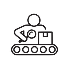 Icon of person inspecting package on conveyor belt with magnifying glass in black and white outline