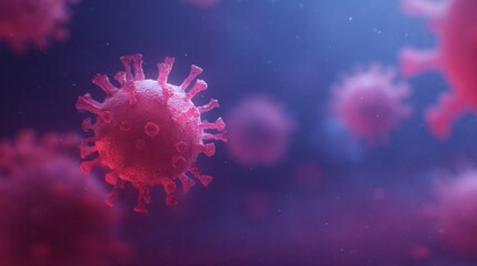 Coronavirus virions infecting human cells on blue background