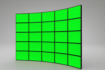 Curved video wall green screen mock up, seamless chroma key display template, digital screen panel array, futuristic media background, large monitor installation, technology presentation stage design