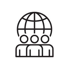 Outline icon of three people with a globe above them representing global teamwork and collaboration concept