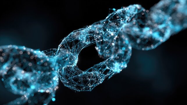 A network of interconnected lines forms a digital chain against a dark background, highlighting a futuristic and intricate design.