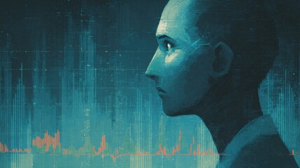 Abstract illustration of a bald person's face with digital lines