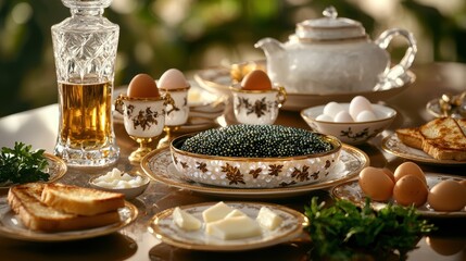 Premium sturgeon caviar service with traditional accompaniments and crystal decanter in luxury dining setting