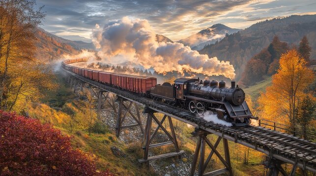 Nostalgic American freight steam train crossing wooden railroad trestle bridge through autumn valley with billowing steam clouds and golden hour lighting
