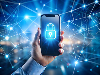 Smartphone with glowing blue padlock icon digital network background representing mobile cybersecurity protection