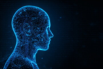 Digital Human Head Hologram In Blue Light Futuristic Artificial Intelligence And Technology Concept