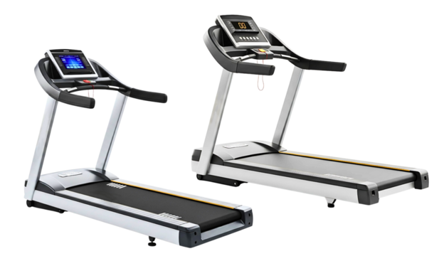 Two Professional treadmills with screens on transparent background