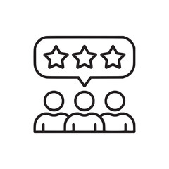 A line drawing of three people with a rating bubble above them showing three stars in the bubble