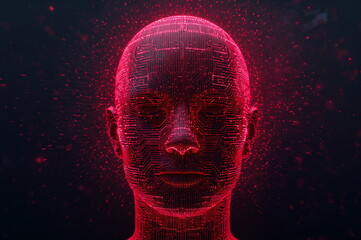 Digital Human Face Hologram In Red Light Futuristic Artificial Intelligence And Technology Concept