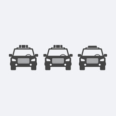 Three identical black taxi cab icons lined up in a row, depicted from a front view on a light gray background.