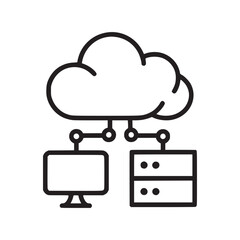 A simple line drawing of a cloud connected to a computer and server on a white background