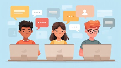 Three children using laptops, surrounded by speech bubbles