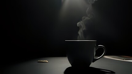 Steaming hot coffee mug illuminated by a spotlight in a dark room