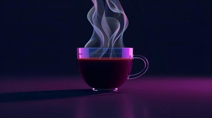 Steaming hot coffee in a glass mug with purple lighting