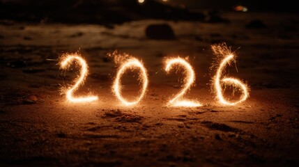 2026 New Year celebration with sparklers on sand
