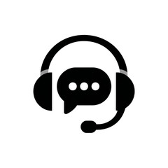 A black icon of a headset with a microphone and a speech bubble with three dots inside, Transparent Background, PNG