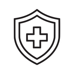 Outline drawing of a medical shield with a cross symbol on a white background in a simple design