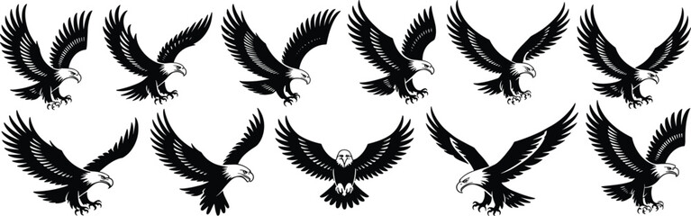 Eagle silhouettes in flight and landing poses, majestic bird of prey vector set for wildlife, tattoo, logo, and design projects