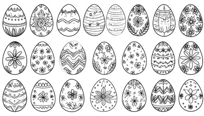 Fototapeta premium Collection of black and white decorated easter eggs, featuring various designs like flowers, patterns, and floral motifs.